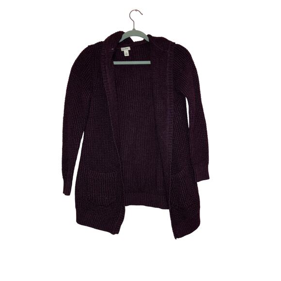 L.L. Bean dark purple wool blend knit open front hooded cardigan size small - Picture 1 of 6